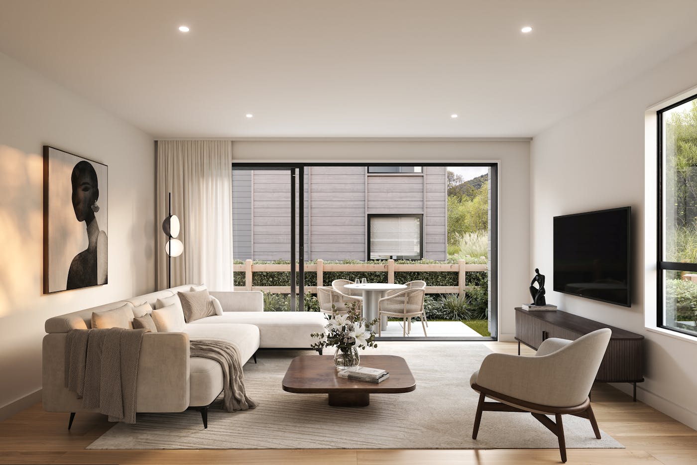 Open-plan living space with neutral palette